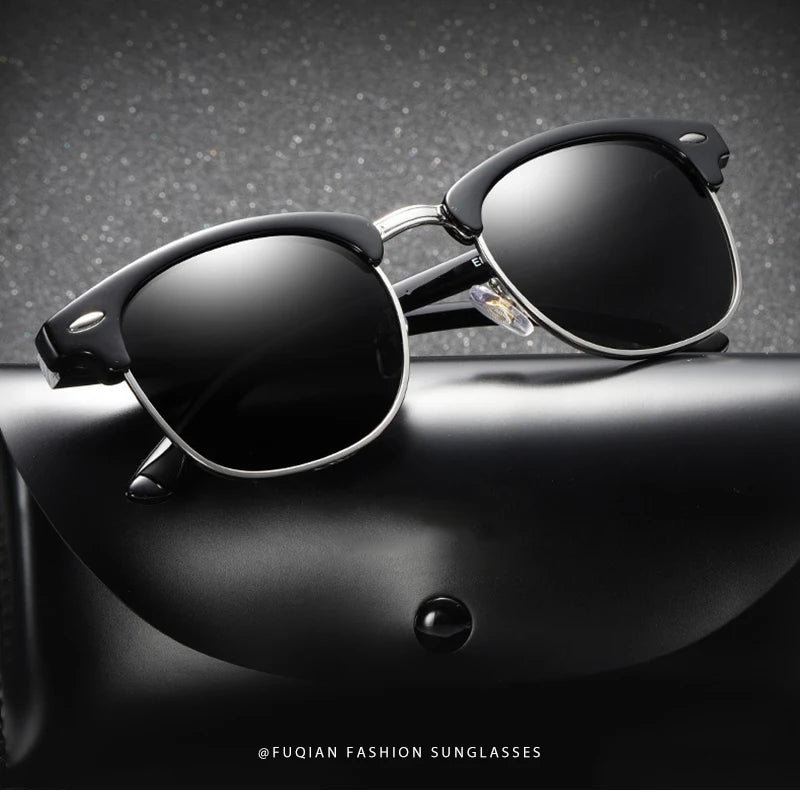 FoxDrop™ Classic Half Frame Polarized Sunglasses Men Women Retro Rivet Small Sun Glasses Male Popular Black Anti Glare Travelling Shades