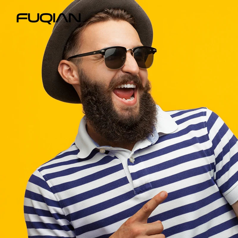 FoxDrop™ Classic Half Frame Polarized Sunglasses Men Women Retro Rivet Small Sun Glasses Male Popular Black Anti Glare Travelling Shades