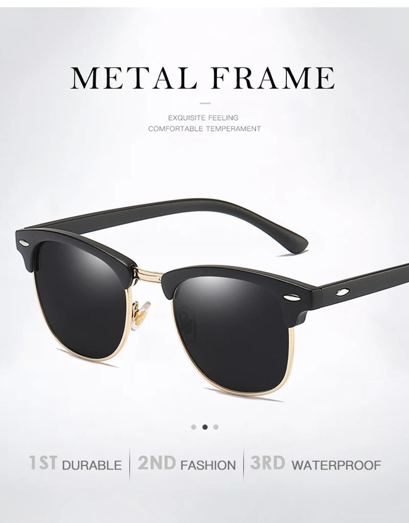 FoxDrop™ Classic Half Frame Polarized Sunglasses Men Women Retro Rivet Small Sun Glasses Male Popular Black Anti Glare Travelling Shades