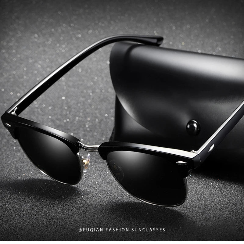 FoxDrop™ Classic Half Frame Polarized Sunglasses Men Women Retro Rivet Small Sun Glasses Male Popular Black Anti Glare Travelling Shades
