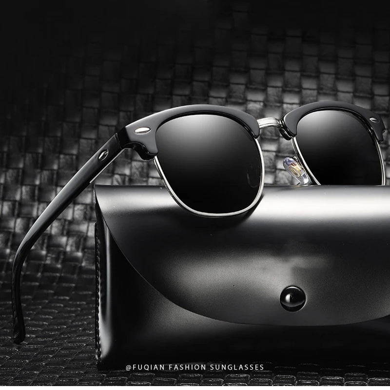 FoxDrop™ Classic Half Frame Polarized Sunglasses Men Women Retro Rivet Small Sun Glasses Male Popular Black Anti Glare Travelling Shades