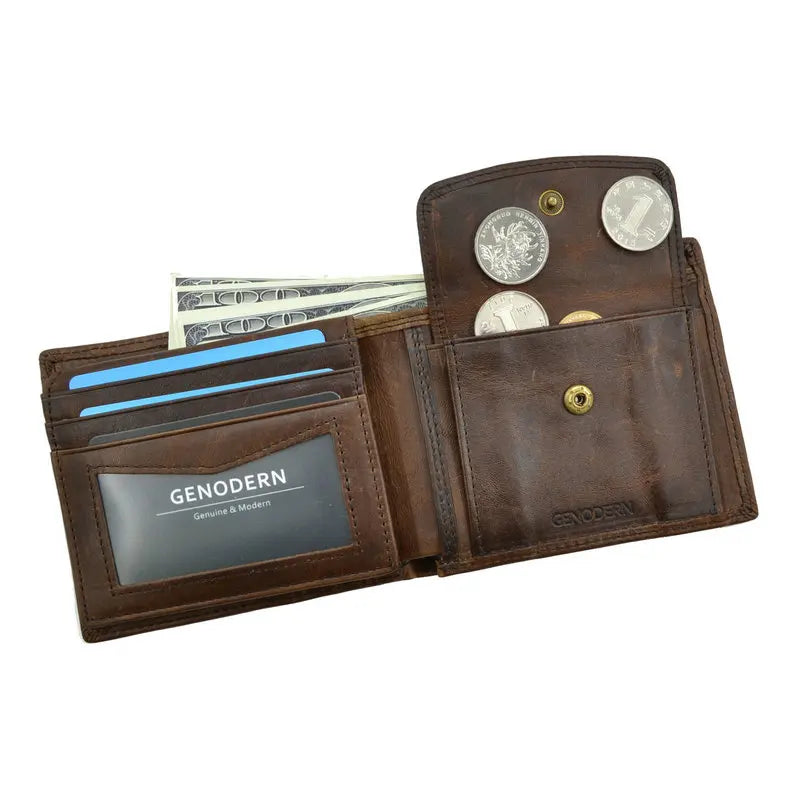 Cartera FoxDrop™ de piel de vacuno para hombre con monedero, estilo vintage, de piel auténtica marrón, con tarjetero.