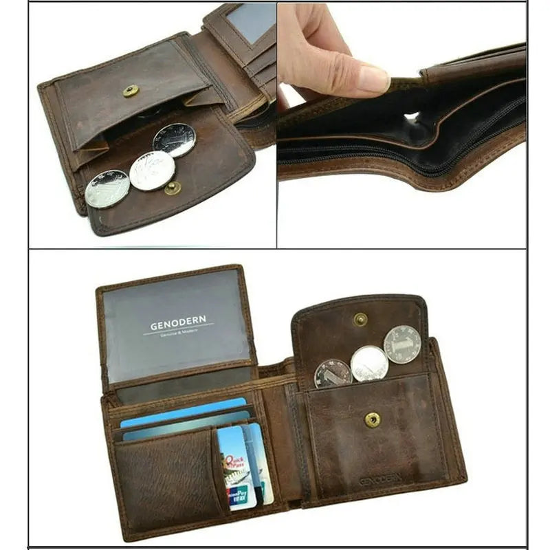 Cartera FoxDrop™ de piel de vacuno para hombre con monedero, estilo vintage, de piel auténtica marrón, con tarjetero.