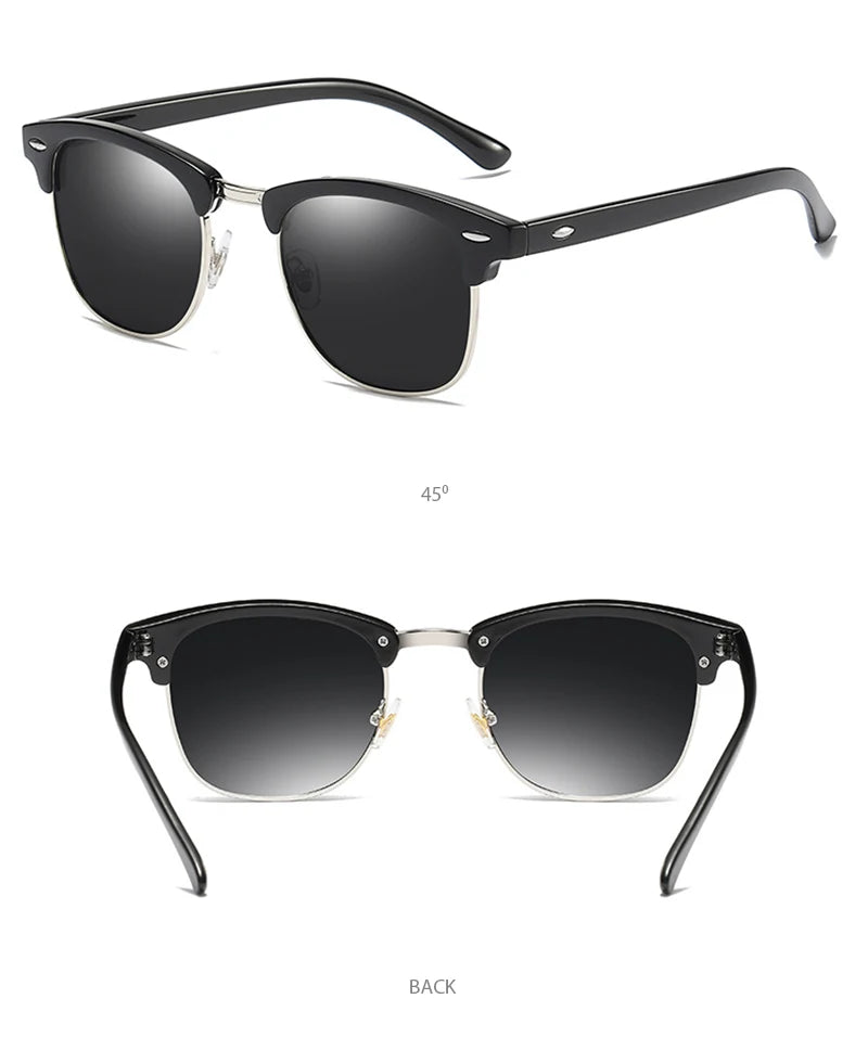 FoxDrop™ Classic Half Frame Polarized Sunglasses Men Women Retro Rivet Small Sun Glasses Male Popular Black Anti Glare Travelling Shades
