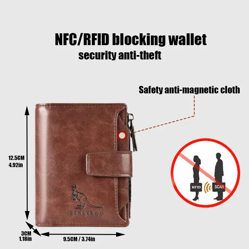 Portefeuille en cuir FoxDrop™ pour homme, porte-cartes RFID court de luxe pour homme, porte-monnaie à fermeture éclair, portefeuille portable pour homme