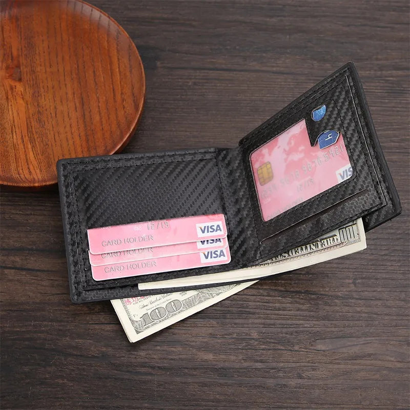 Portefeuille court en fibre de carbone FoxDrop™ pour homme, porte-cartes de crédit, grande capacité, pince à billets, porte-cartes fin à deux volets avec fenêtre pour carte d'identité
