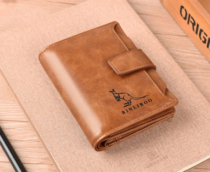 Portefeuille en cuir FoxDrop™ pour homme, porte-cartes RFID court de luxe pour homme, porte-monnaie à fermeture éclair, portefeuille portable pour homme