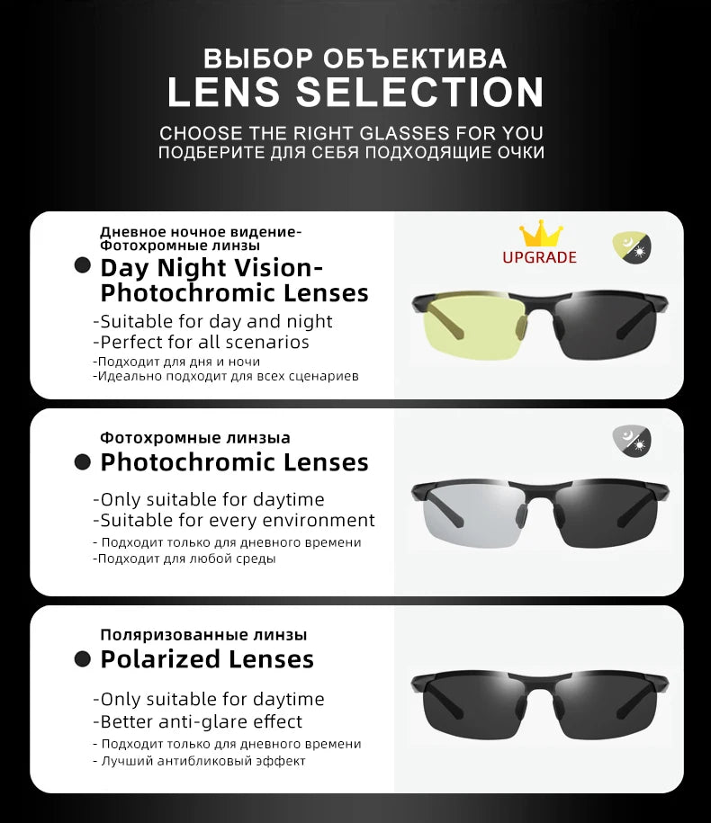 FoxDrop™ CLLOIO Nouvelles lunettes de soleil photochromiques polarisées en aluminium pour hommes Lunettes de conduite polarisées de jour et de nuit Anti-éblouissement Caméléon Oculos de sol