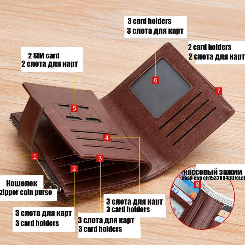Portefeuille en cuir FoxDrop™ pour homme, porte-cartes RFID court de luxe pour homme, porte-monnaie à fermeture éclair, portefeuille portable pour homme
