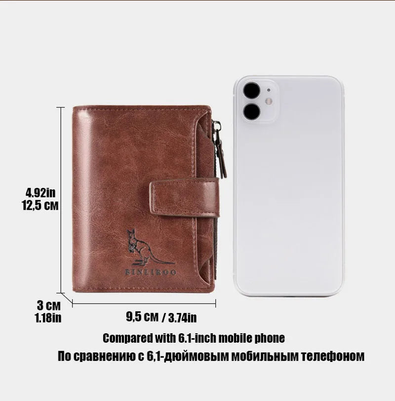 Portefeuille en cuir FoxDrop™ pour homme, porte-cartes RFID court de luxe pour homme, porte-monnaie à fermeture éclair, portefeuille portable pour homme