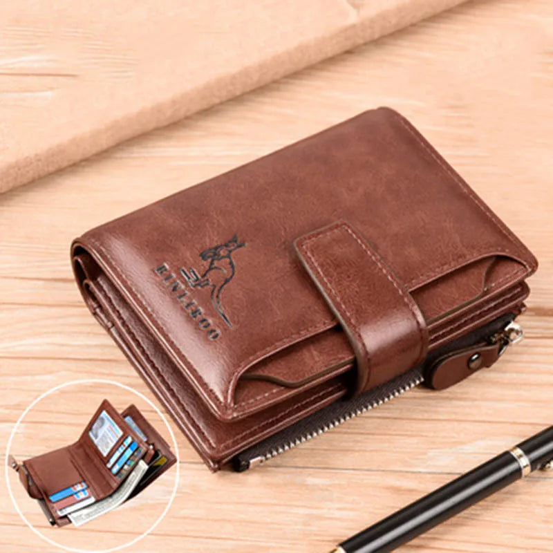 Portefeuille en cuir FoxDrop™ pour homme, porte-cartes RFID court de luxe pour homme, porte-monnaie à fermeture éclair, portefeuille portable pour homme