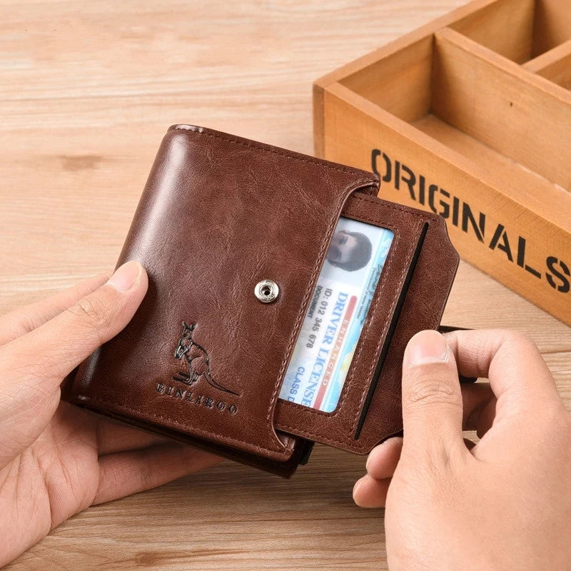 Portefeuille en cuir FoxDrop™ pour homme, porte-cartes RFID court de luxe pour homme, porte-monnaie à fermeture éclair, portefeuille portable pour homme