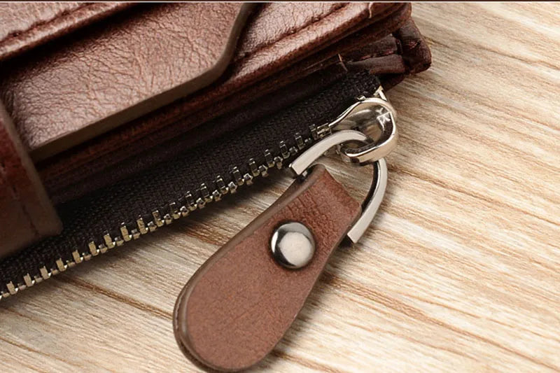 Portefeuille en cuir FoxDrop™ pour homme, porte-cartes RFID court de luxe pour homme, porte-monnaie à fermeture éclair, portefeuille portable pour homme