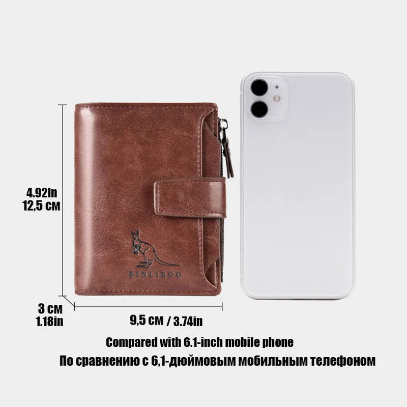 Portefeuille en cuir FoxDrop™ pour homme, porte-cartes RFID court de luxe pour homme, porte-monnaie à fermeture éclair, portefeuille portable pour homme