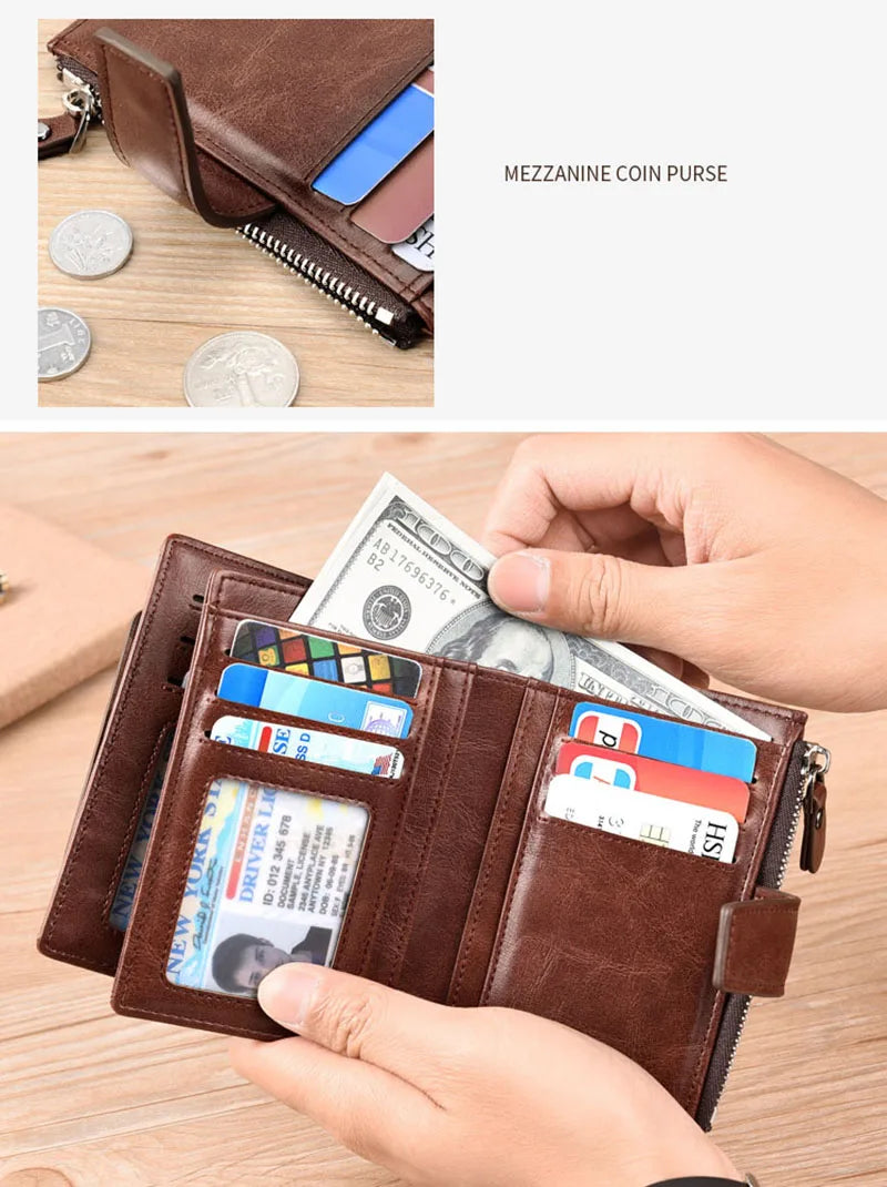 Portefeuille en cuir FoxDrop™ pour homme, porte-cartes RFID court de luxe pour homme, porte-monnaie à fermeture éclair, portefeuille portable pour homme