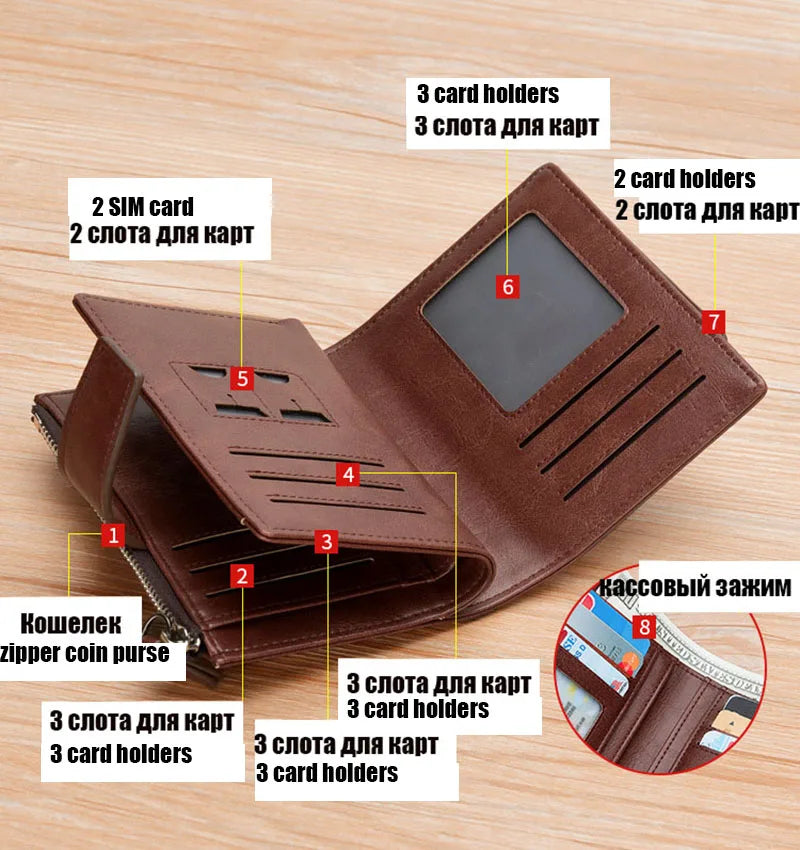 Portefeuille en cuir FoxDrop™ pour homme, porte-cartes RFID court de luxe pour homme, porte-monnaie à fermeture éclair, portefeuille portable pour homme