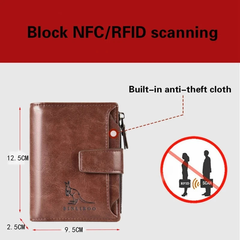 Portefeuille en cuir FoxDrop™ pour homme, porte-cartes RFID court de luxe pour homme, porte-monnaie à fermeture éclair, portefeuille portable pour homme