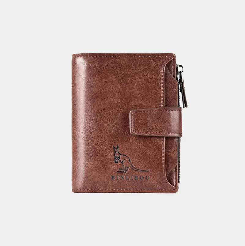 Portefeuille en cuir FoxDrop™ pour homme, porte-cartes RFID court de luxe pour homme, porte-monnaie à fermeture éclair, portefeuille portable pour homme