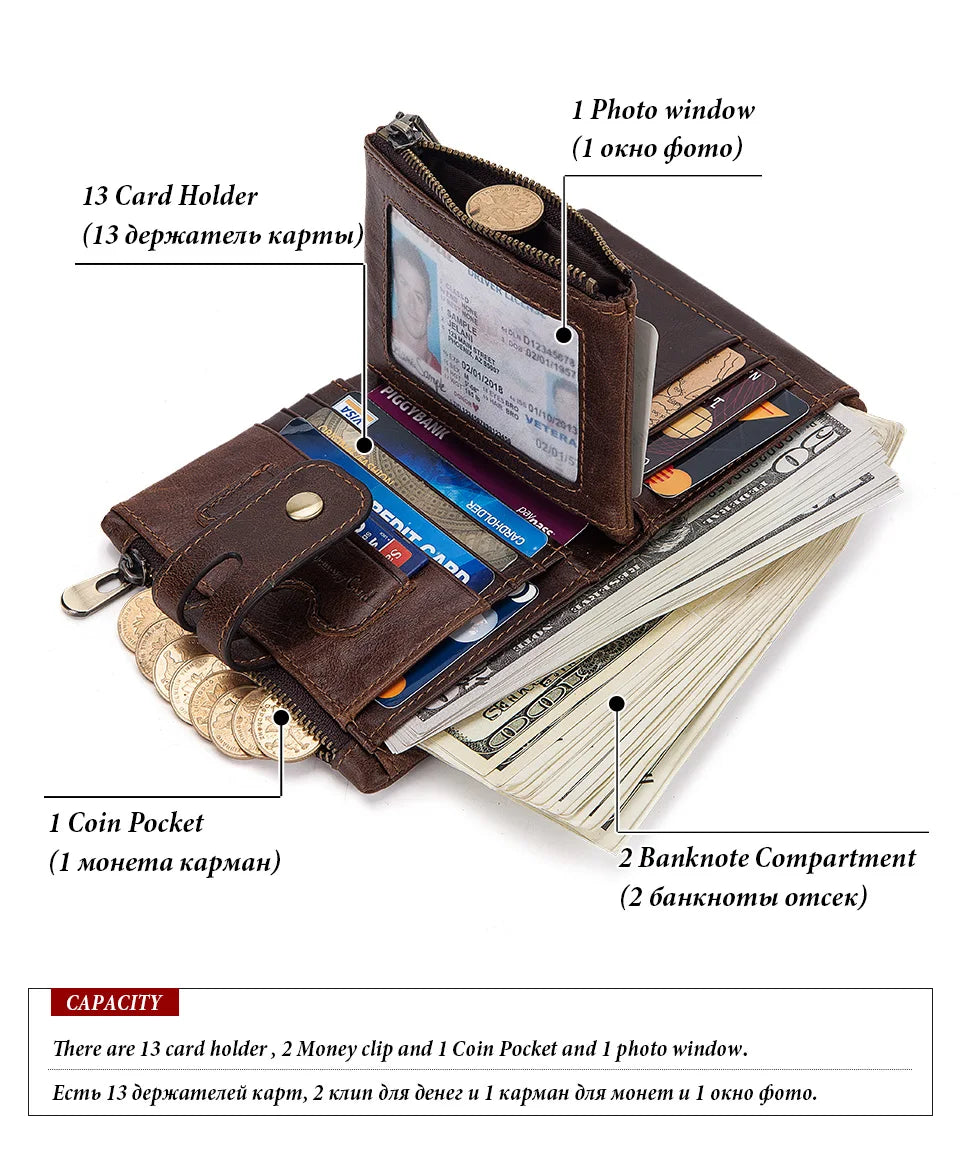 Monedero FoxDrop™ 100% de piel auténtica para hombre, tarjetero pequeño, cartera con cadena, cartera de bolsillo para hombre, calidad