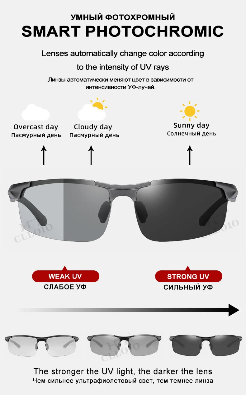FoxDrop™ CLLOIO Nouvelles lunettes de soleil photochromiques polarisées en aluminium pour hommes Lunettes de conduite polarisées de jour et de nuit Anti-éblouissement Caméléon Oculos de sol