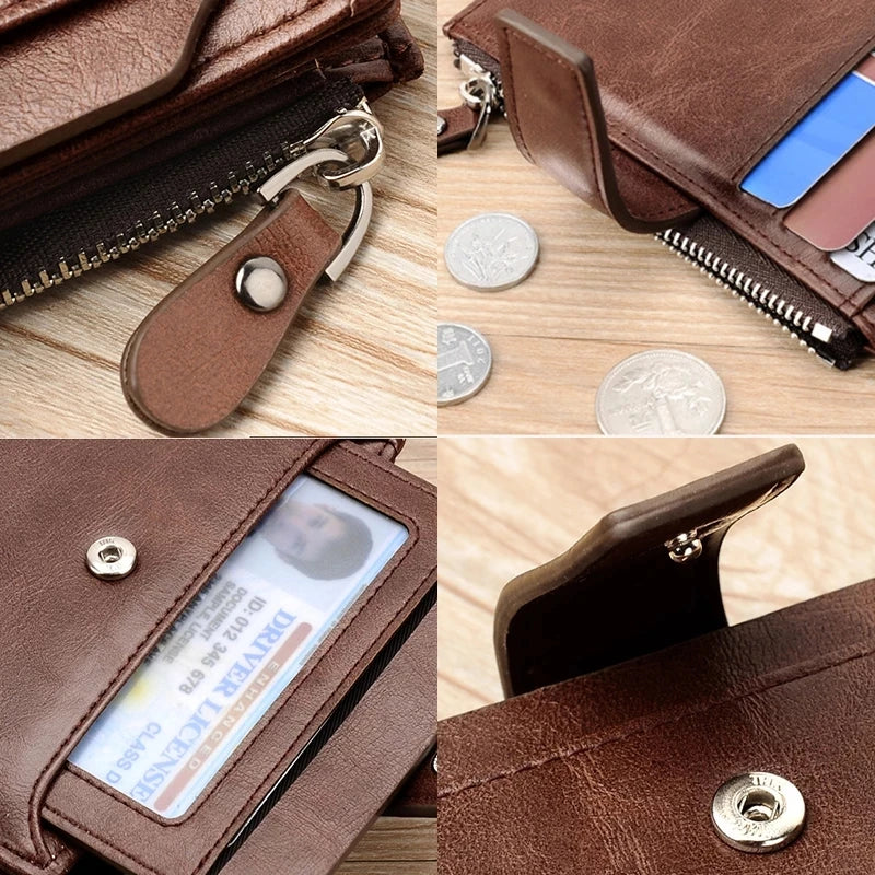 Portefeuille en cuir FoxDrop™ pour homme, porte-cartes RFID court de luxe pour homme, porte-monnaie à fermeture éclair, portefeuille portable pour homme