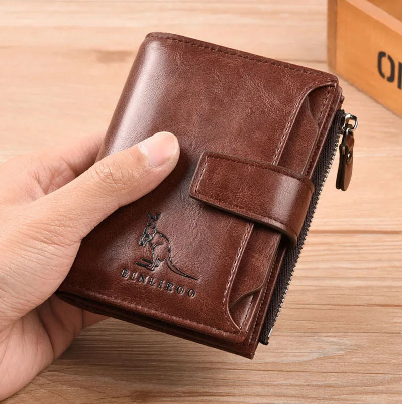 Portefeuille en cuir FoxDrop™ pour homme, porte-cartes RFID court de luxe pour homme, porte-monnaie à fermeture éclair, portefeuille portable pour homme