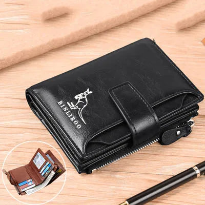 Portefeuille en cuir FoxDrop™ pour homme, porte-cartes RFID court de luxe pour homme, porte-monnaie à fermeture éclair, portefeuille portable pour homme
