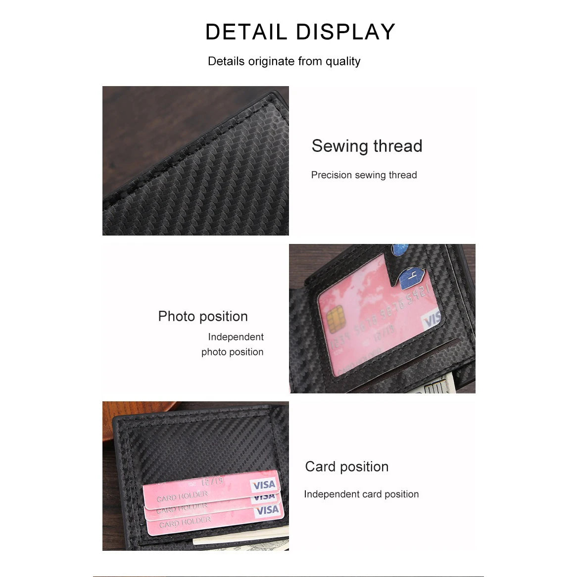 Portefeuille court en fibre de carbone FoxDrop™ pour homme, porte-cartes de crédit, grande capacité, pince à billets, porte-cartes fin à deux volets avec fenêtre pour carte d'identité
