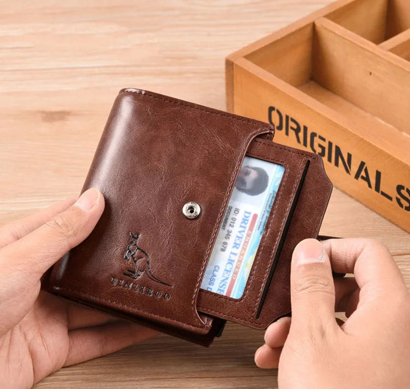 Portefeuille en cuir FoxDrop™ pour homme, porte-cartes RFID court de luxe pour homme, porte-monnaie à fermeture éclair, portefeuille portable pour homme