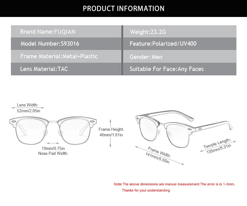 FoxDrop™ Classic Half Frame Polarized Sunglasses Men Women Retro Rivet Small Sun Glasses Male Popular Black Anti Glare Travelling Shades