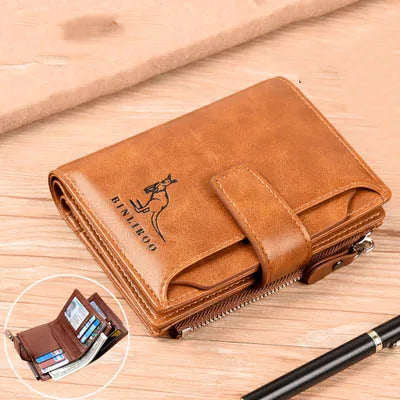 Portefeuille en cuir FoxDrop™ pour homme, porte-cartes RFID court de luxe pour homme, porte-monnaie à fermeture éclair, portefeuille portable pour homme
