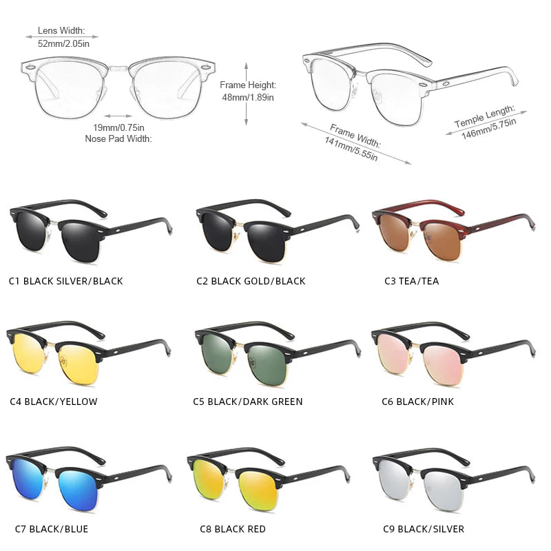 FoxDrop™ Classic Half Frame Polarized Sunglasses Men Women Retro Rivet Small Sun Glasses Male Popular Black Anti Glare Travelling Shades