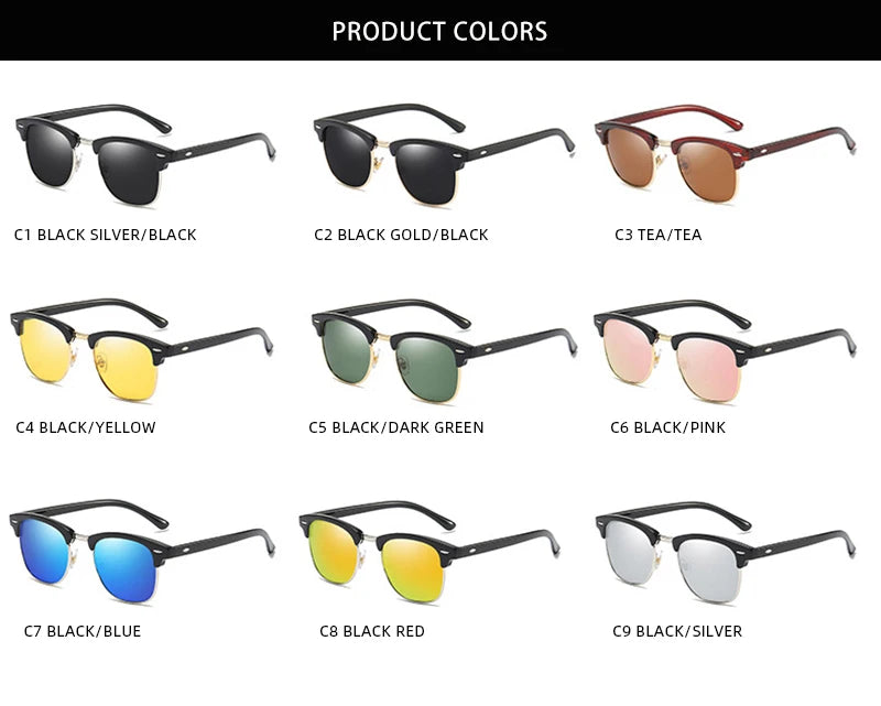 FoxDrop™ Classic Half Frame Polarized Sunglasses Men Women Retro Rivet Small Sun Glasses Male Popular Black Anti Glare Travelling Shades