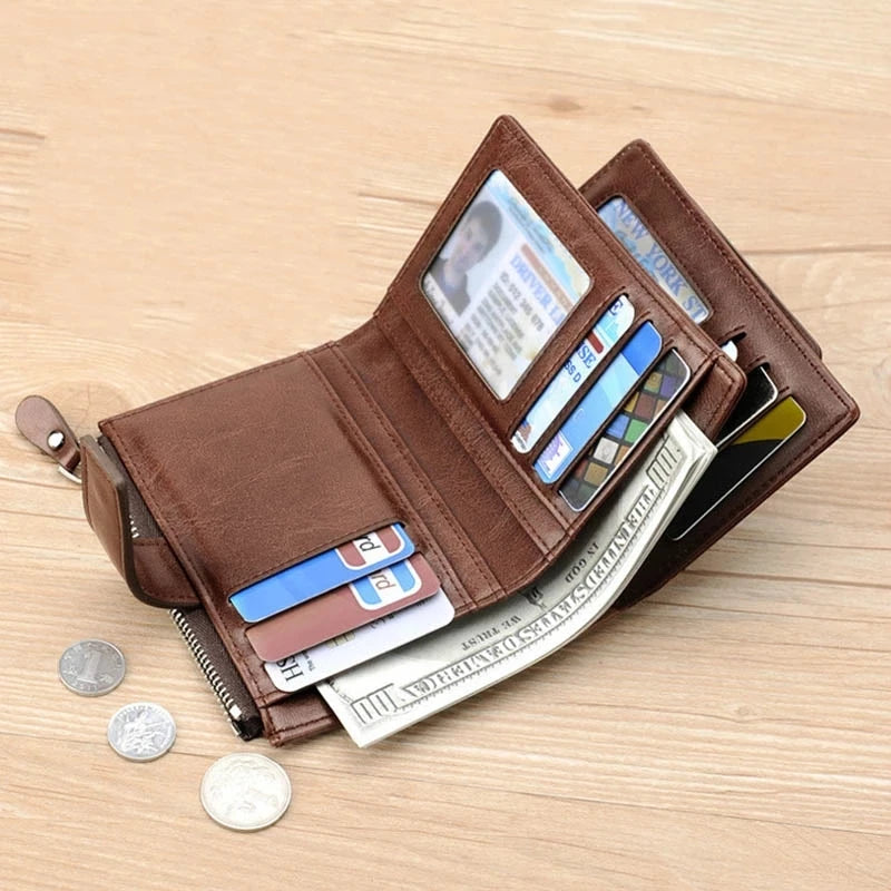 Portefeuille en cuir FoxDrop™ pour homme, porte-cartes RFID court de luxe pour homme, porte-monnaie à fermeture éclair, portefeuille portable pour homme