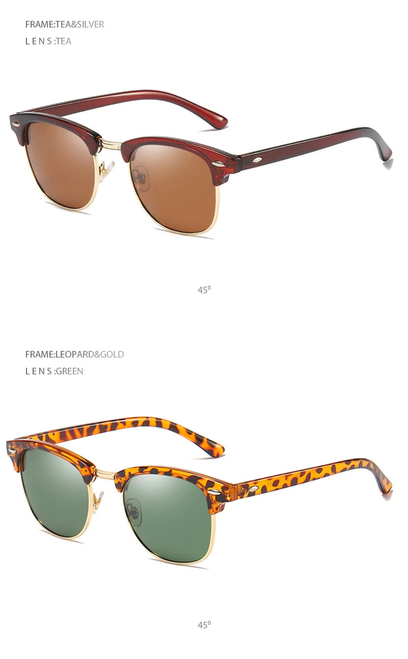 Lunettes de soleil polarisées classiques FoxDrop™ à demi-monture pour hommes et femmes, style rétro, rivets, petites lunettes de soleil pour hommes, populaires, noires, antireflets, pour voyage