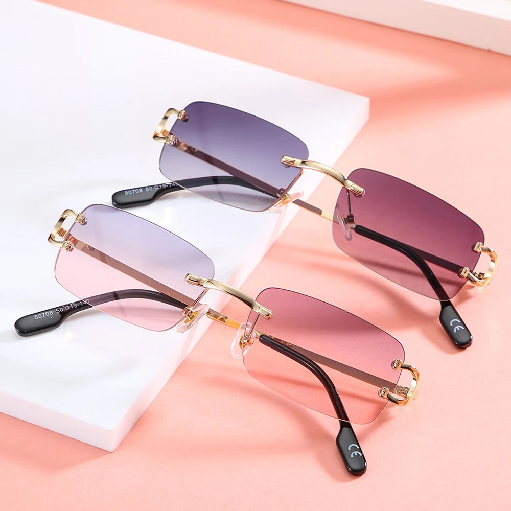 FoxDrop™ Kachawoo lunettes de soleil rectangulaires rétro sans monture homme femme uv400 petites lunettes de soleil mode bleu rose or métal cadeaux d'anniversaire