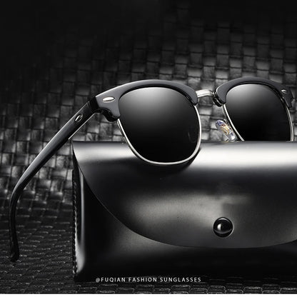 Lunettes de soleil polarisées classiques FoxDrop™ à demi-monture pour hommes et femmes, style rétro, rivets, petites lunettes de soleil pour hommes, populaires, noires, antireflets, pour voyage