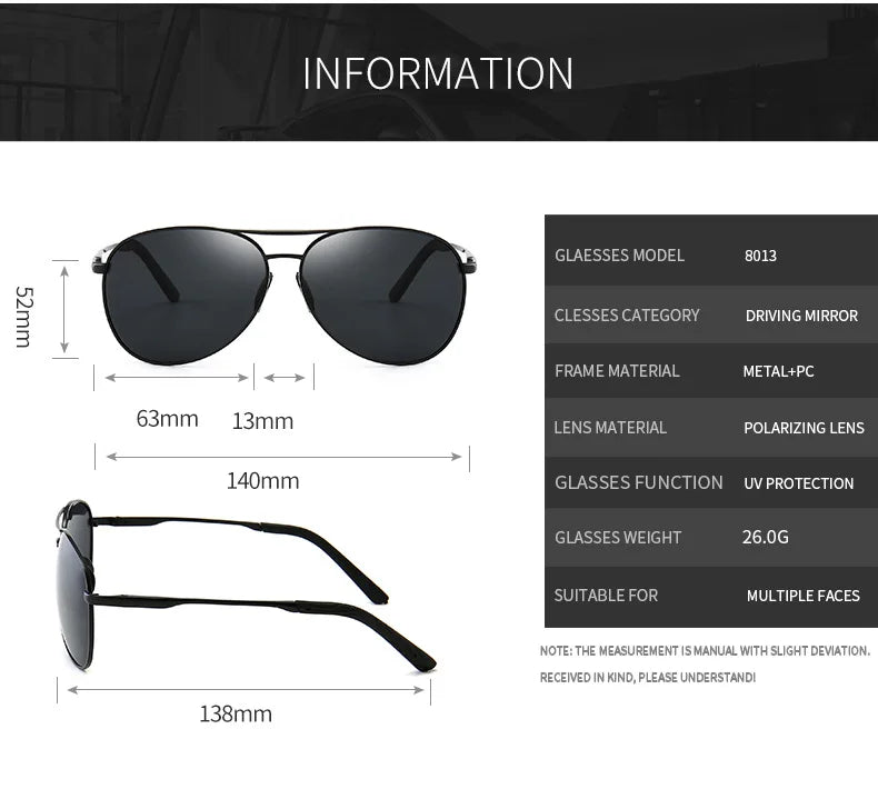 FoxDrop™ Aviation Metail Frame Polarized Sunglasses Men Color Changing Sun Glasses  Pilot Male Day Night Vision Driving