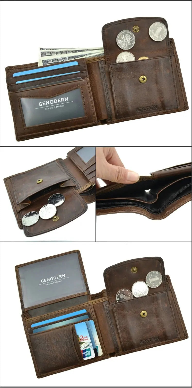 Cartera FoxDrop™ de piel de vacuno para hombre con monedero, estilo vintage, de piel auténtica marrón, con tarjetero.