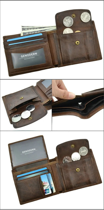 Cartera FoxDrop™ de piel de vacuno para hombre con monedero, estilo vintage, de piel auténtica marrón, con tarjetero.