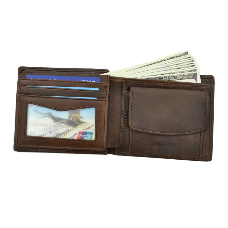 Cartera FoxDrop™ de piel de vacuno para hombre con monedero, estilo vintage, de piel auténtica marrón, con tarjetero.