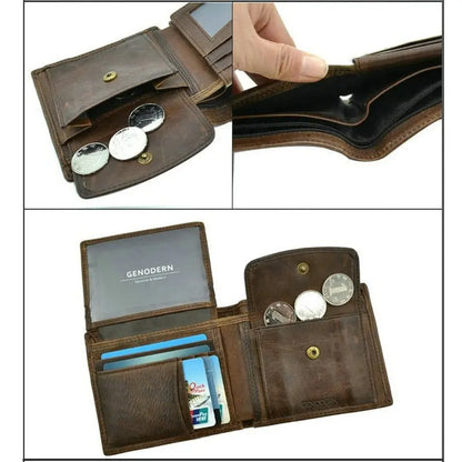 Cartera FoxDrop™ de piel de vacuno para hombre con monedero, estilo vintage, de piel auténtica marrón, con tarjetero.