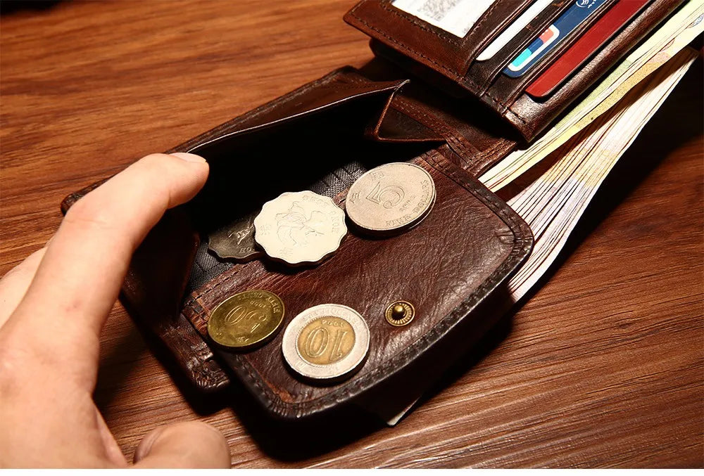 Cartera FoxDrop™ de piel de vacuno para hombre con monedero, estilo vintage, de piel auténtica marrón, con tarjetero.