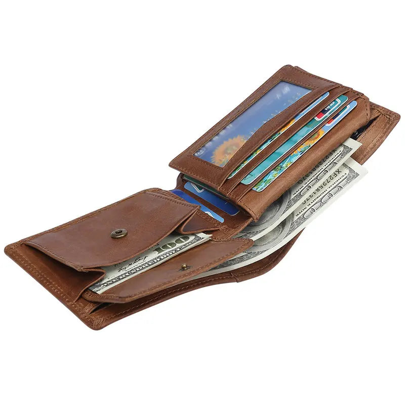 Cartera FoxDrop™ de piel de vacuno para hombre con monedero, estilo vintage, de piel auténtica marrón, con tarjetero.