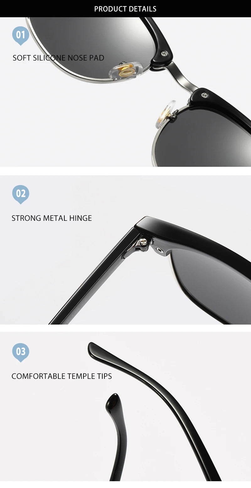 Lunettes de soleil polarisées classiques FoxDrop™ à demi-monture pour hommes et femmes, style rétro, rivets, petites lunettes de soleil pour hommes, populaires, noires, antireflets, pour voyage