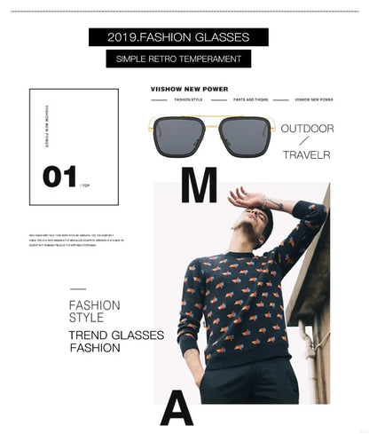 FoxDrop™ Steam Punk Tony Stark Sunglasses Men Women Fashion Square Driving Glasses Unisex Metal Frame Trendy Shades Oculos De Sol
