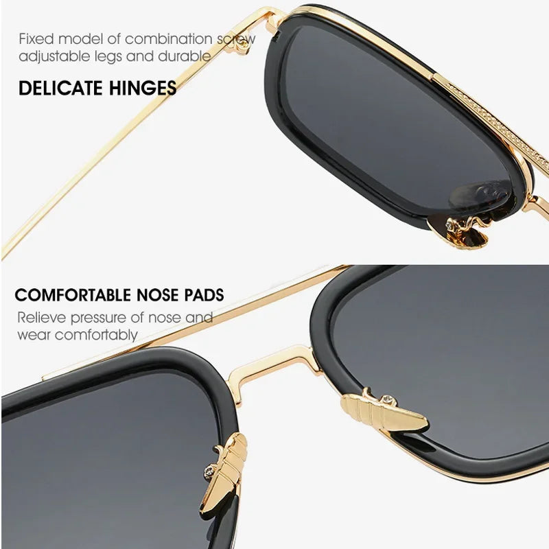 FoxDrop™ Steam Punk Tony Stark Sunglasses Men Women Fashion Square Driving Glasses Unisex Metal Frame Trendy Shades Oculos De Sol