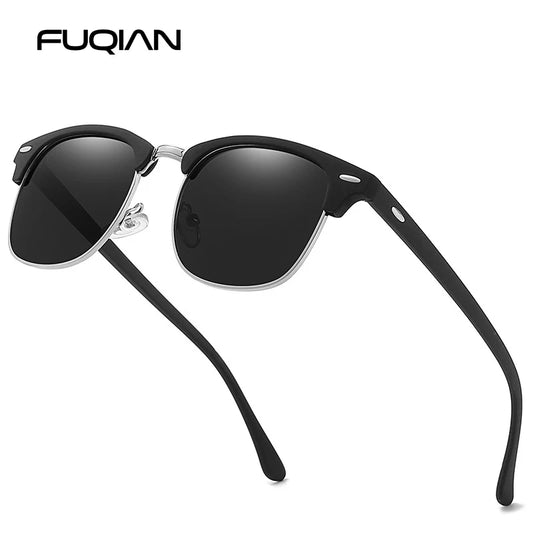 FoxDrop™ Classic Half Frame Polarized Sunglasses Men Women Retro Rivet Small Sun Glasses Male Popular Black Anti Glare Travelling Shades