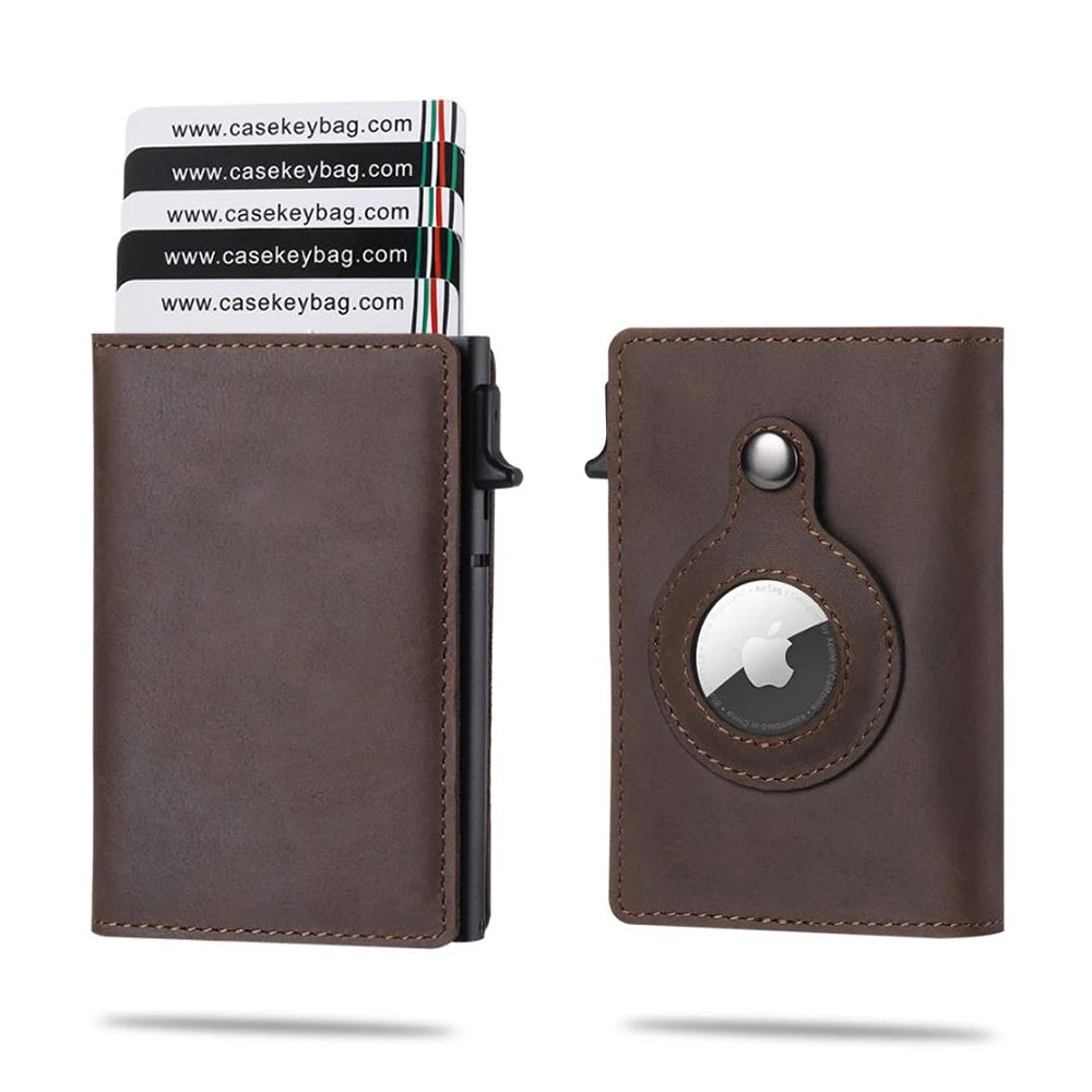Portefeuille intelligent Airtag en cuir de vache FoxDrop™ CASEKEY pour homme, RFID Crazy Horse, fermeture magnétique en cuir de qualité supérieure, porte-cartes de crédit Airtag Pop-Up