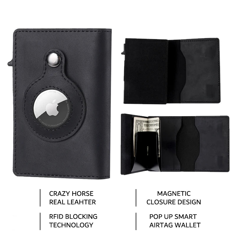 Portefeuille intelligent Airtag en cuir de vache FoxDrop™ CASEKEY pour homme, RFID Crazy Horse, fermeture magnétique en cuir de qualité supérieure, porte-cartes de crédit Airtag Pop-Up